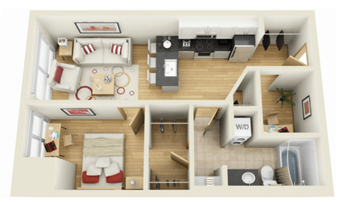 Floor plan for 1 bed, 1 bath, 639 sqft